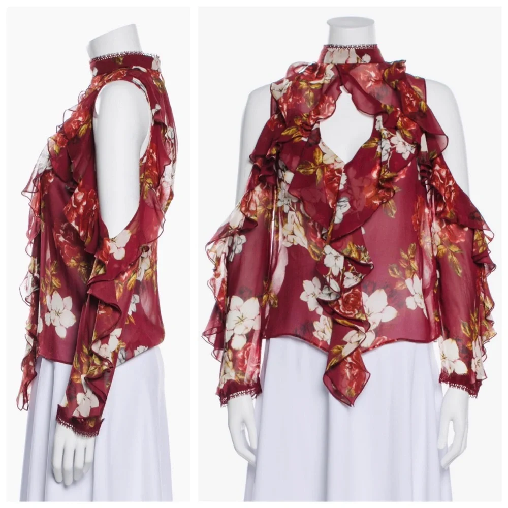 NICHOLAS Celeste Cold Shoulder Silk Blouse Top, Ruffle Floral sz. 2 - Picture 5 of 17